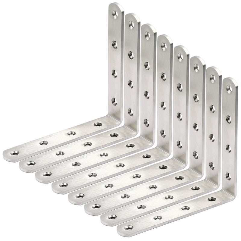 WEBI L Brackets Corner Bracket,90 Degree Stainless Steel Corner Brace- 8 Packs 4 mm Thick 6" X 6",Heavy Duty Shelf Brackets Right Angle Bracket for Shelf, Wood, Furniture, Brushed Nickel - Image 1